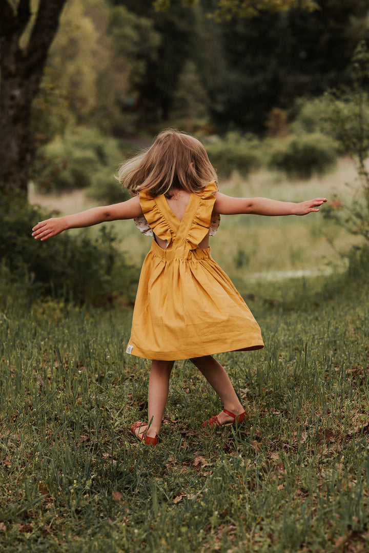 Silly Daisy Ruffle Pinafore Dress - Mustard